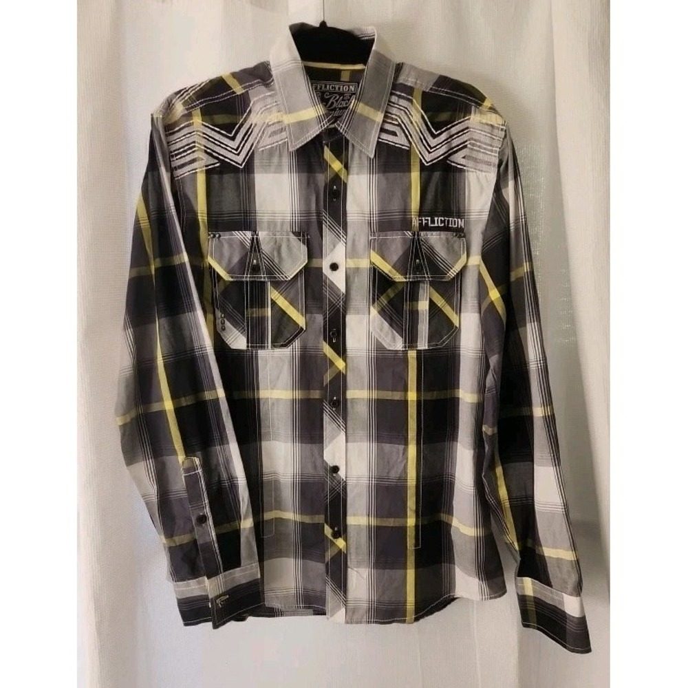 Affliction Black Premium Shirt‎ Mens Medium Athletic Yellow Plaid Embroiderd